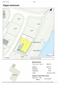 Situasjonsplan som viser tomtens beliggenhet, nabotomter, veier og bygningens plassering med arealoppdeling.
