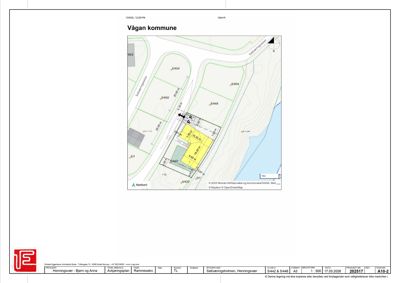 Situasjonsplan som viser tomtens beliggenhet i Vågan kommune, nabolag, veier og vannmasser.