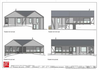 Fasadetegninger som viser bygningens utseende fra fire ulike vinkler (nord-øst, nord-vest, syd-vest og syd-øst).