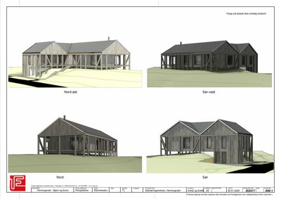 Fargefasadevisualiseringer (renderinger) av en planlagt bygning sett fra fire ulike retninger (Nord-øst, Sør-vest, Nord og Sør).