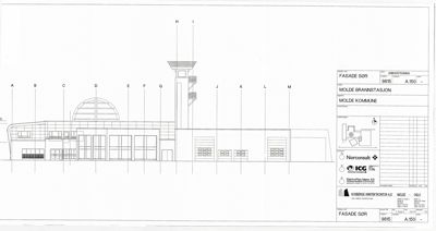 Fasadetegning av Molde Brannstasjon med oppriss av bygningens utside, vinduer og takform.