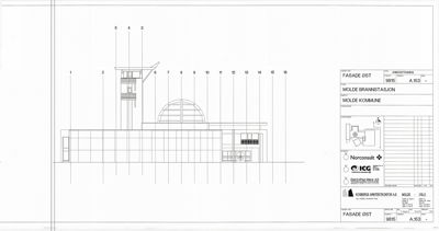 Fasadetegning (opprikk) av Molde Brannstasjon sett fra øst.