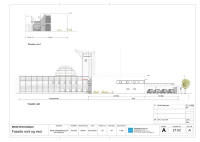 Tegning som viser fasadeopprikk for Molde Brannstasjon sett fra nord og vest.