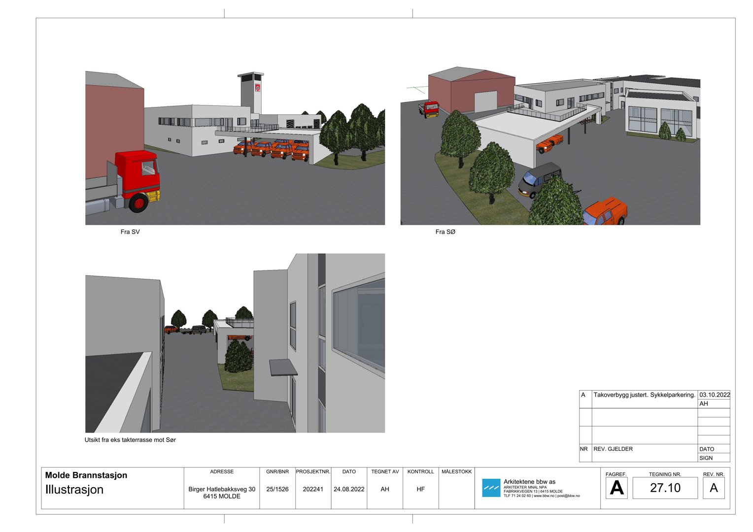 3D-visualisering (rendering) av Molde Brannstasjon med omgivende parkeringsplass og trær, vist fra tre ulike vinkler.