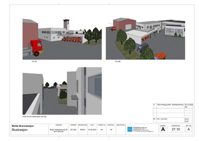 3D-visualisering (rendering) av Molde Brannstasjon med omgivende parkeringsplass og trær, vist fra tre ulike vinkler.