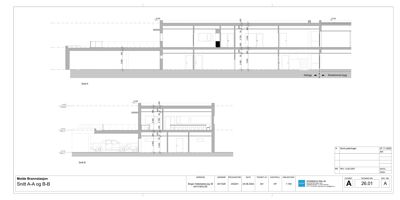 Snittegning (Snitt A-A og B-B) som viser bygningens tverrsnitt, høyder og konstruksjon.