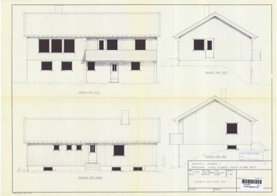 Tegning som viser fasader (opprikk) av en bygning sett fra fire ulike sider: Sør, Vest, Nord og Øst.