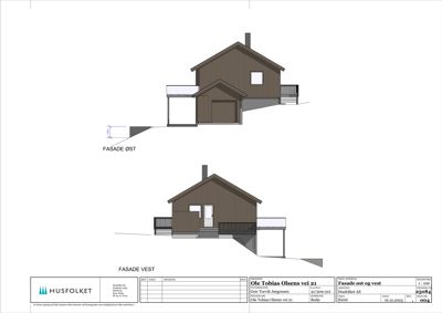Fasadetegning som viser bygningens utseende fra øst og vest, inkludert detaljer som vinduer, dører, takform og trapper.