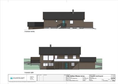 Tegning som viser fasader (Nord og Sør) av en bolig med arkitektoniske detaljer.
