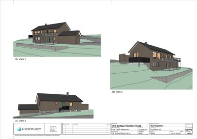 Tre ulike 3D-visuelliseringer (perspektivtegninger) av en planlagt bolig, vist fra forskjellige vinkler.