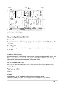 Bildet viser en plantegning av en sokkel etter bruksendring, inkludert romfordeling og arealer, samt tekster om plangrunnlaget for eiendommen.