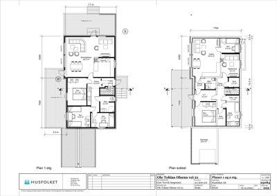 Etasjeplaner (1. etg og sokkel) som viser romfordeling, mål og areal for en bolig.