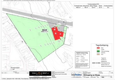 Situasjonsplan som viser tomtens grenser, nabolag, eksisterende og planlagt bebyggelse (bolig, tommer, asfalt/vei, grus), samt tomteutnyttelse og arealoppdelinger.