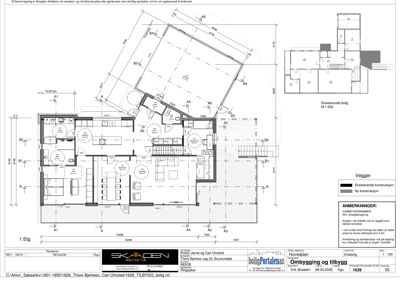 Hovedplan for 1. etasje som viser romfordeling, dimensjoner og vegger for en eksisterende bolig.