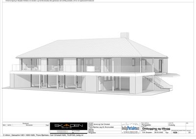 3D-visualisering (rendering) av en planlagt eller ombygd enebolig, som viser fasade, materialvalg og romoppdeling.