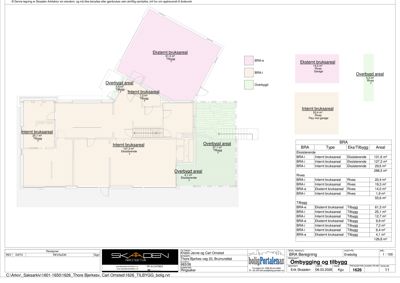 Etasjeplan som viser romfordeling, arealoppdelinger (BRA, BRA-i, BRA-e, Overbygde areal) og bruksarealer for en bolig.
