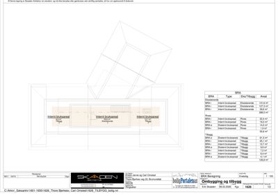 Etasjeplan som viser romfordeling med eksisterende og nytt areal, samt en tabell med arealoppsett.