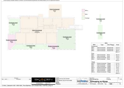 Etasjeplan som viser romfordeling, arealoppdelinger (BRA, Overbygd, Eksternt/Internt bruksareal) og en tabell med oppsummering av arealer.