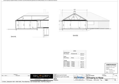 Tegning som viser tverrsnitt (snitt) gjennom en bygning, med mål på høyder og takform. Den inneholder også en tabell over arealoppdelinger (BYA, Rives, Tilbygg).