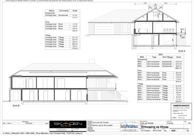 Snittegning (Snitt A og Snitt B) som viser bygningens tverrsnitt, høyder, takform og konstruksjonsdetaljer.
