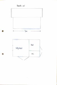 En håndtegnet plan som viser romfordeling (salgsbod, bad, wc) og en fasadeopprikk med mål.