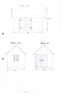 Håndtegnet fasadetegning som viser vest-, nord- og sørfasade med mål og detaljer.