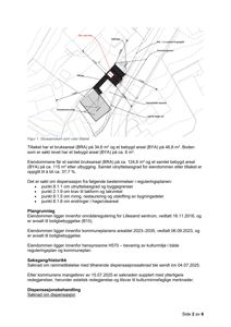 Situasjonskart som viser tilsiktet revet bygning (svart), eksisterende bolig (skravert) og omgivelser med angitte mål og avstander.
