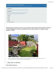 Fotografi av en hage med bod, terrasse og gjerder, inkludert tekstbeskrivelse om bodens opprinnelse og plassering.