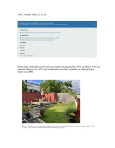 Fotografi av en hage med en rød bod, en terrasse og en hekk.