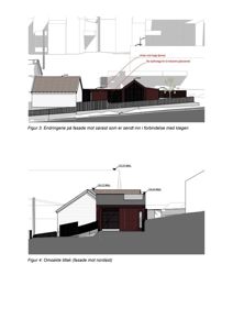 Bildet viser to fasadetegninger (opprikk) av en bygning sett fra nordøst. Det er tegninger som illustrerer endringer i fasaden, inkludert nye vinduer og en spilevegg.