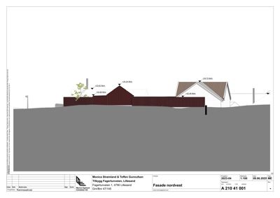 Fasadetegning (oppriss) av en bygning sett fra nordvest, med høydemålinger og detaljer om tak og hekk.