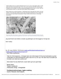 Et gammelt, svart-hvitt fotografi av en bodd (eller bod) tatt i 1979, inkludert i en epost om en bevaringssak.