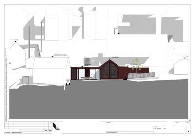Fasadetegning (sørst) av en nybygget eller ombygd bygning med omgivende høydemål og terrengforhold.