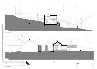 Snittegning (Snitt A-A og Snitt B-B) som viser tverrsnitt gjennom en planlagt bygning, inkludert høyder, nivåer og konstruksjon.