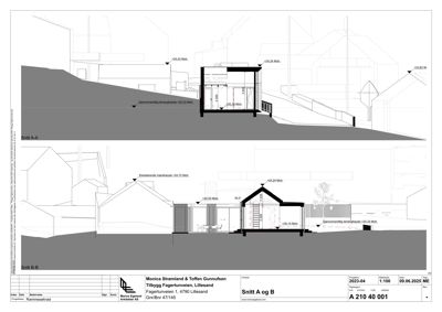 Snittegning (Snitt A-A og Snitt B-B) som viser tverrsnitt gjennom en planlagt bygning, inkludert høyder, nivåer og konstruksjon.