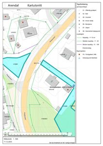 Situasjonsplan (kartutsnitt) som viser eiendomsgranser, naboeiendommer, veier og eiendomsnummer i Arendal.