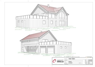 Fasadetegning som viser bygningens utseende fra to ulike vinkler (fra siden og fra fronten).