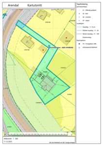 Kartutsnitt som viser eiendomsgranser, nøyaktighetslinjer og eiendomsmatrikkelnummer for en tomt i Arendal.