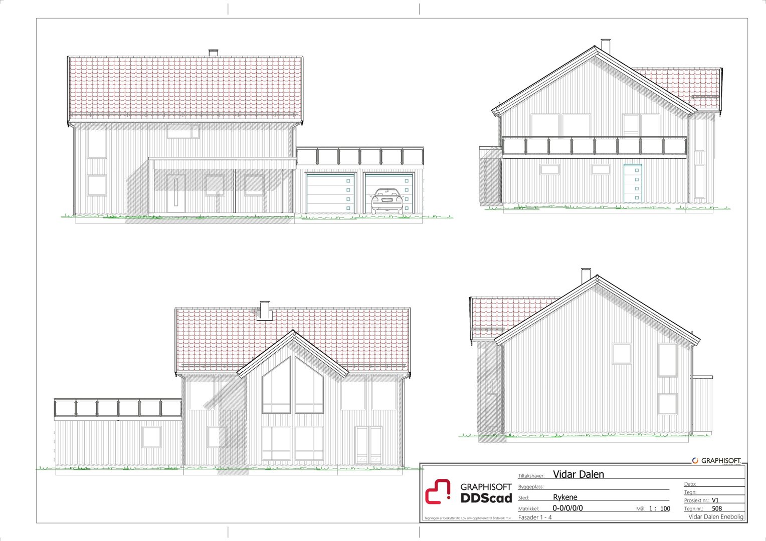 Fasadetegning som viser fire ulike sider av en planlagt bolig (front, side, bak og en annen side).
