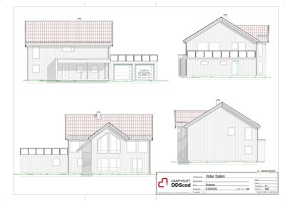 Fasadetegning som viser fire ulike sider av en planlagt bolig (front, side, bak og en annen side).