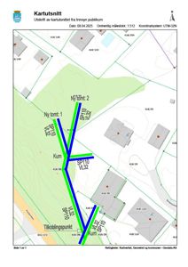 Kartutsnitt som viser tomtsplasseringer, eksisterende bygninger, og planlagt infrastruktur (rørledninger) i et område.