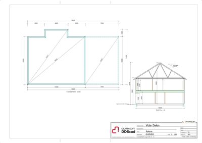 Bildet viser en tegning med et fundamentplan (Fundament plan) og et tverrsnitt (Snitt A - A) av en bygning. Det er også inkludert dimensjoner og vinkler.