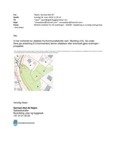 Et kart som viser et område med kommunale ledninger (grønn) og private ledninger (rød), inkludert en garasje og en bygning.