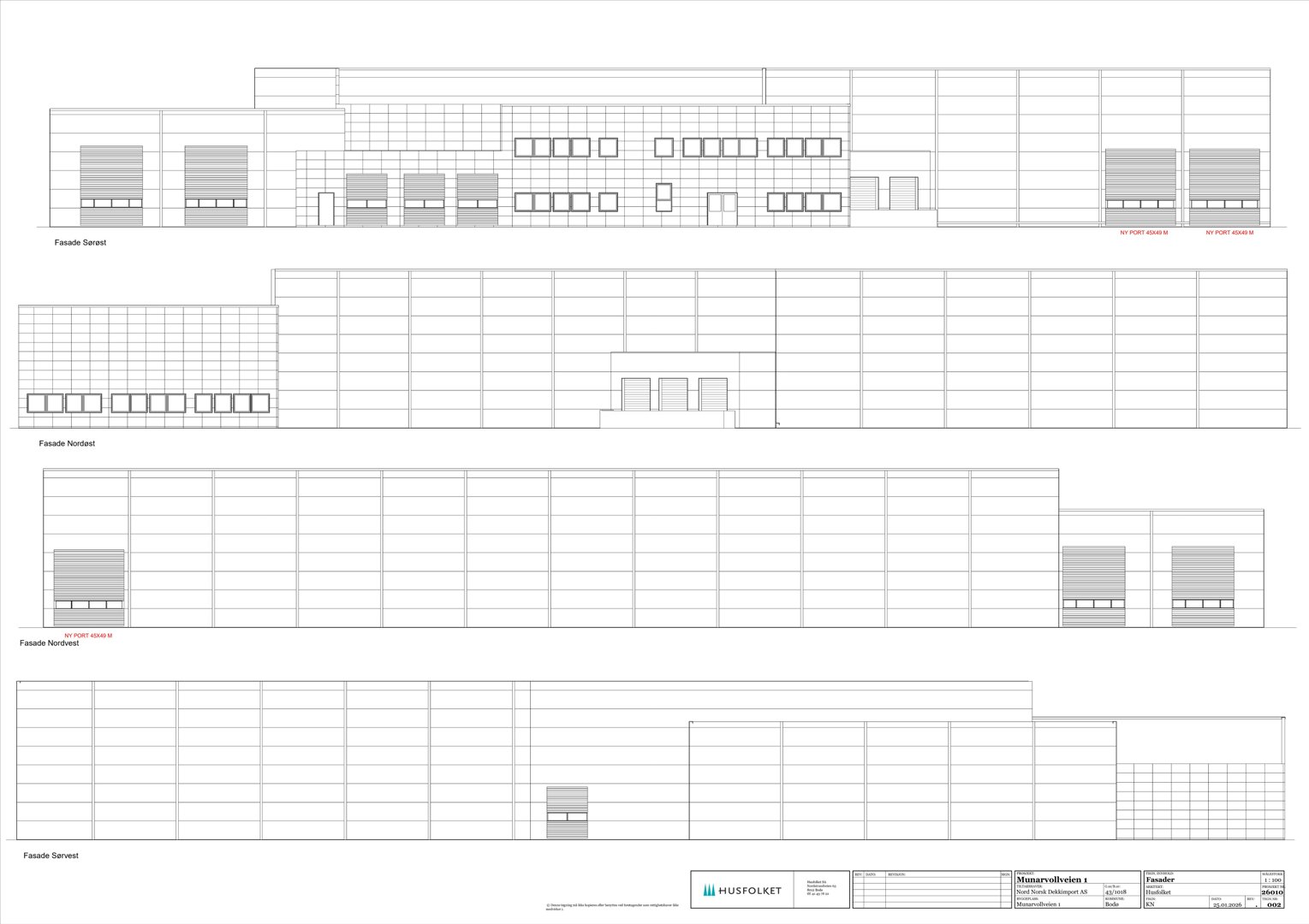 Fasadetegning som viser bygningens utseende fra fire ulike retninger (Sørøst, Nordøst, Nordvest og Sørvest).