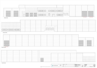 Fasadetegning som viser bygningens utseende fra fire ulike retninger (Sørøst, Nordøst, Nordvest og Sørvest).