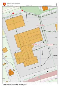 Situasjonsplan med Norkart AS kartklient som viser tomt, bygninger, veier og planlagte endringer (ny port, oljutskiller).