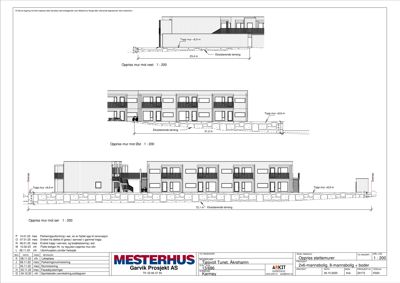 Tegning som viser fasadeprosjektering for en bygning, inkludert oppriss av vegger og terrasser.