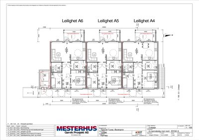 Etasjeplan for 2. etasje som viser romfordeling for tre leiligheter (A4, A5, A6) med mål og tekniske notater.