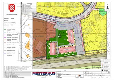 Situasjonsplan som viser eiendomsforhold, bebyggelse, vegnett og arealbruk for en to-mannsbolig og barnehage i Karmøy kommune.