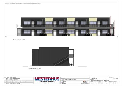 Fasadetegning som viser bygningens utseende fra nord og vest, inkludert vinduer, dører, balkonger og trapper.
